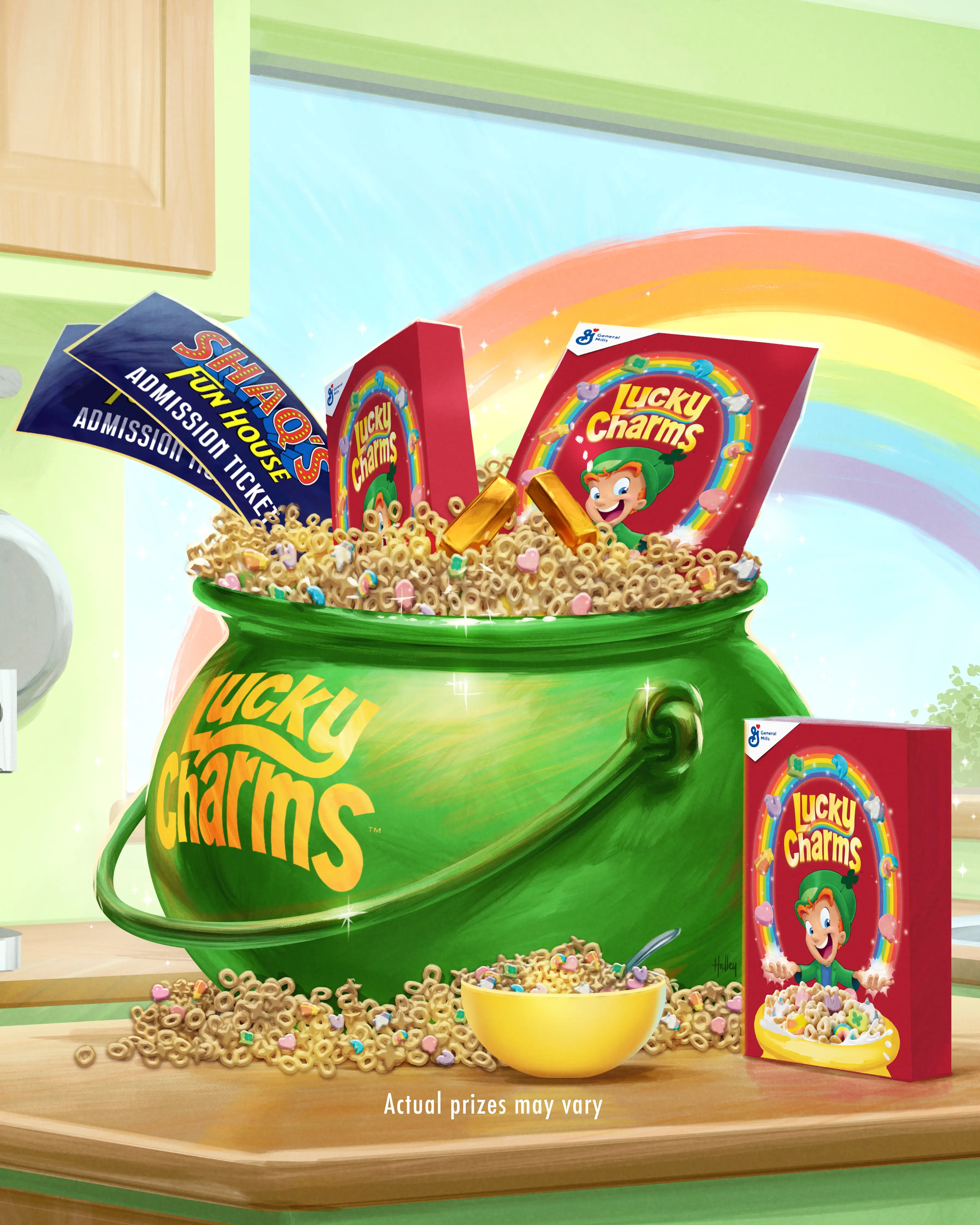 Lucky Charms Prize Pack, Lucky Charms Pot O’Gold filled with two 1 oz. gold bars, a trip for two to Shaq’s Fun House and more!